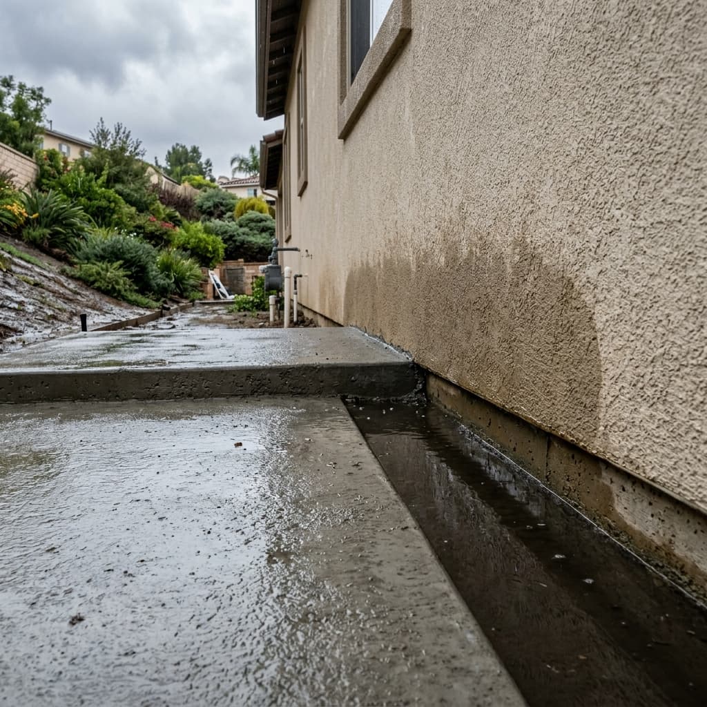 Exterior concrete patio poured higher than interior floor, blocking stucco weep screed