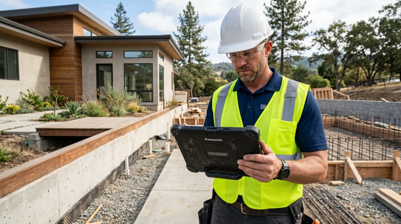 Licensed foundation contractor with digital tablet performing on-site inspection