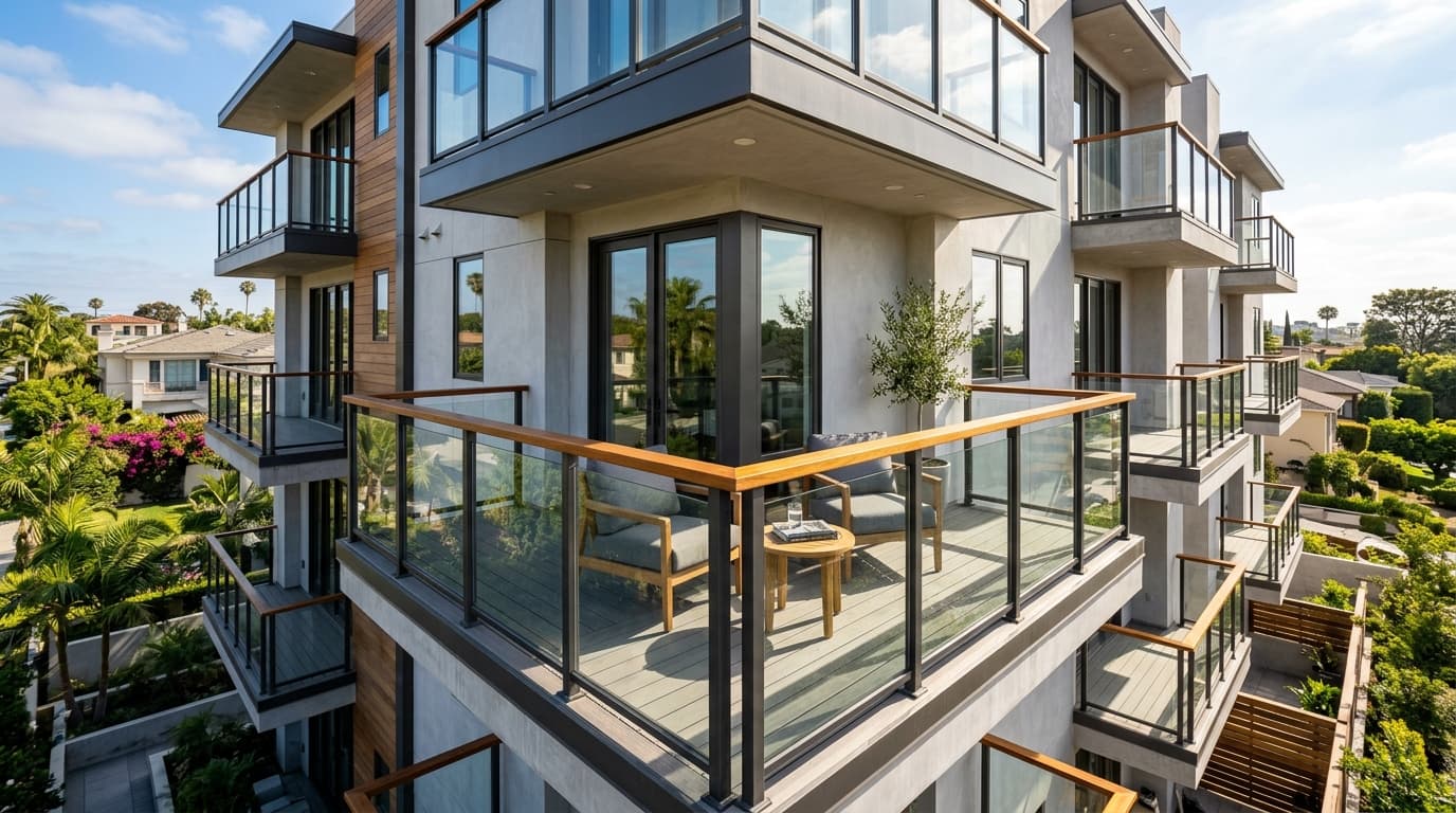 Architectural Glass Panel Railing with Wood Top Cap on Multi-Family Balcony