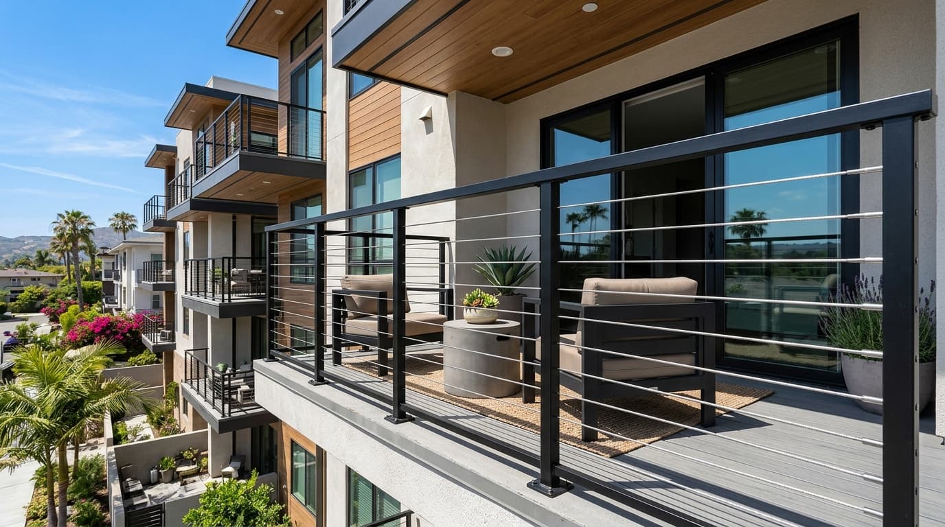California Balcony Railing Code (CBC 1015): Height, 4-Inch Sphere Rule & Modern Multi-Family Styles